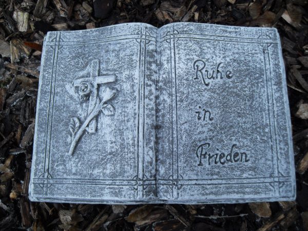 Grabschmuck Buch "Ruhe in Frieden" Steinguss Frostfest Wetterfest Grab Deko