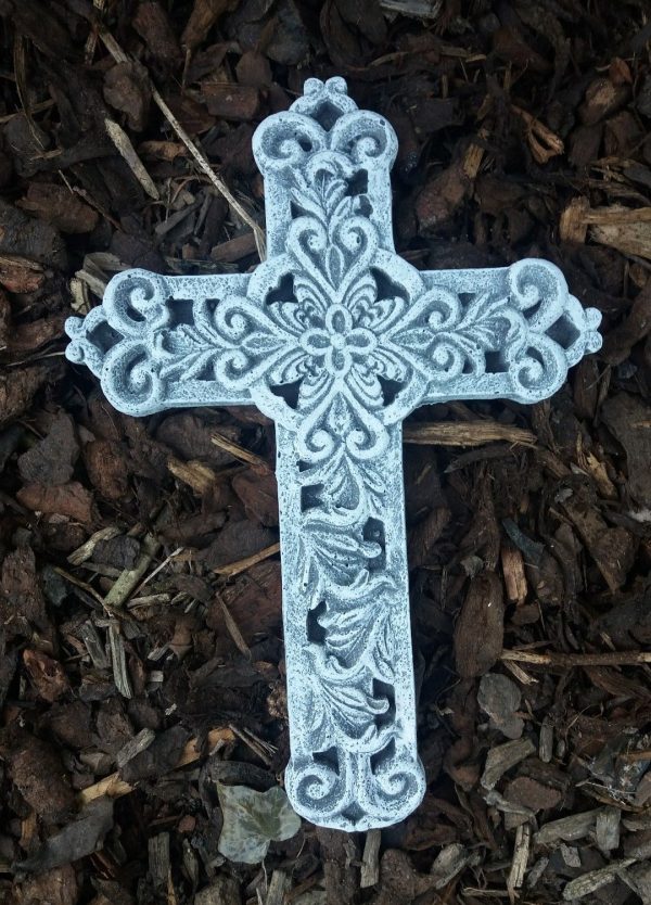 Grabschmuck Kreuz "Ornamente" (28,5cm) Frostfest Steinguss Steinfigur Grab Deko