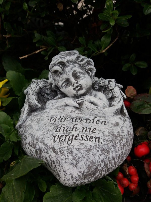 Steinfigur Grabschmuck Engelbüste auf Herz mit Inschrift Frostfest Engel – Bild 3