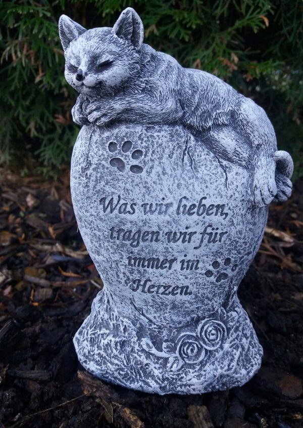 Grabschmuck Katze Haustier mit Inschrift Frostfest Steinguss Deko wetterfest