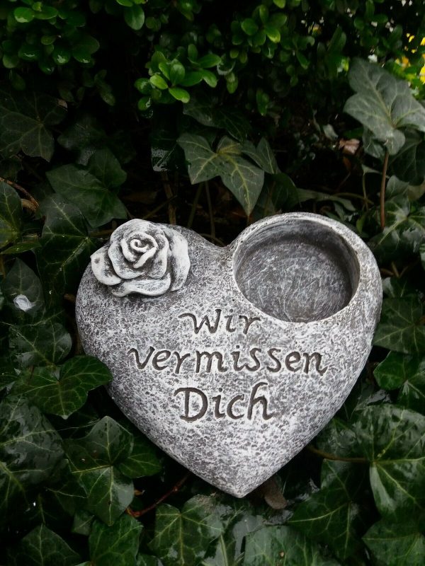 Grabschmuck Herz "Wir vermissen Dich" Kerzenhalter Pflanzherz Frostfrei Steinguss