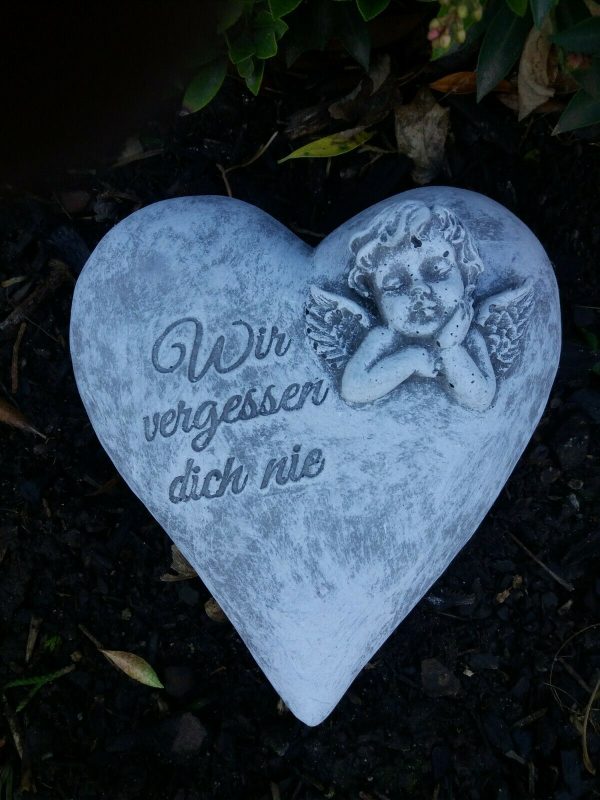 Steinfigur Grabschmuck Herz Engelkopf "Wir vergessen dich nie" Frostfest Grab – Bild 3