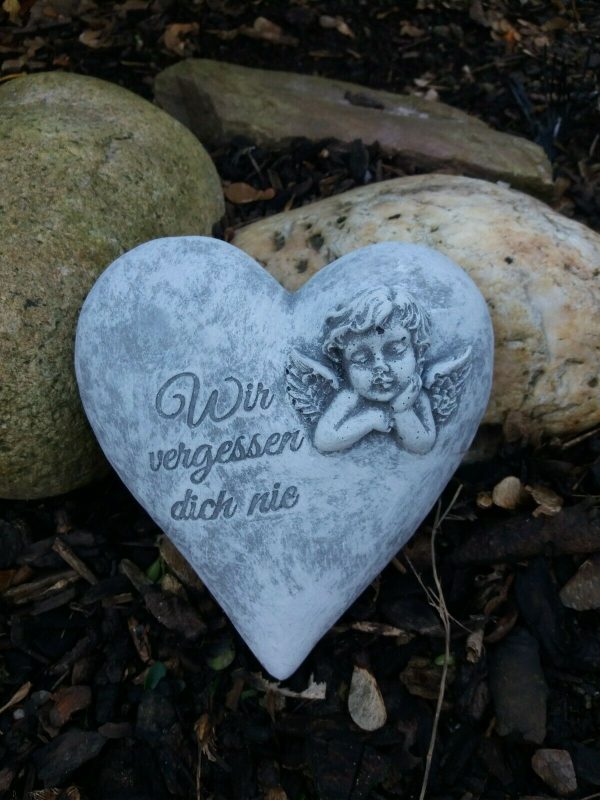 Steinfigur Grabschmuck Herz Engelkopf "Wir vergessen dich nie" Frostfest Grab – Bild 6