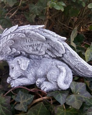 Steinfigur Grabschmuck großer Hund am Flügel ( Ich vermisse Dich) Haustier Grab