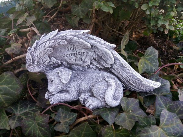 Steinfigur Grabschmuck großer Hund am Flügel ( Ich vermisse Dich) Haustier Grab