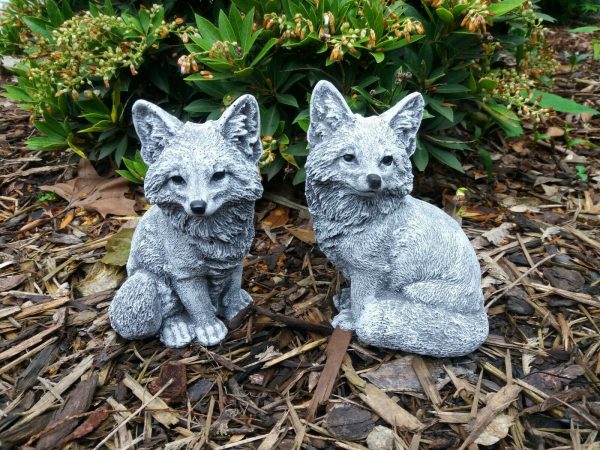 Steinfigur 2-er Set Fuchs sitzend Steinguss Frostfest Wetterfest Garten Deko