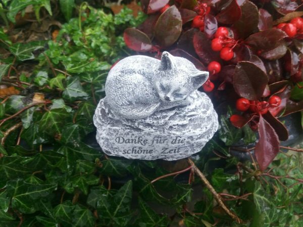 Grabschmuck Katze auf Fels "Danke für die schöne Zeit" Frostfest Steinguss Deko – Bild 3