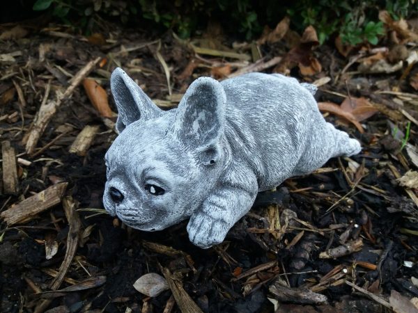 Steinfigur süße französische Bulldogge liegend Frostfest Haustier Hund Dogge