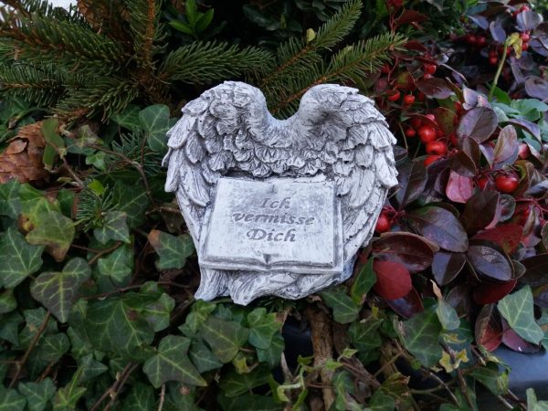 Steinfigur Grabschmuck Buch in Flügel "Ich vermisse Dich" Frostfest Grab Deko – Bild 3