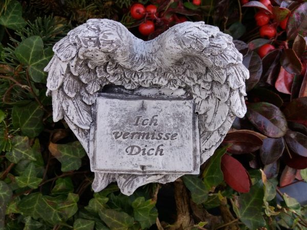 Steinfigur Grabschmuck Buch in Flügel "Ich vermisse Dich" Frostfest Grab Deko – Bild 4