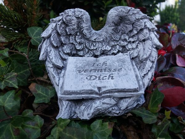 Steinfigur Grabschmuck Buch in Flügel "Ich vermisse Dich" Frostfest Grab Deko – Bild 5