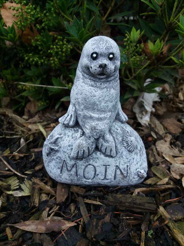 Steinfigur Robbe "MOIN" Heuler Maritim Frostfest Steinguss Wetterfest Garten – Bild 2
