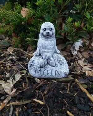 Steinfigur Robbe "MOIN" Heuler Maritim Frostfest Steinguss Wetterfest Garten